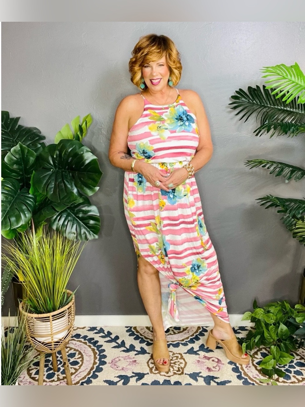 Emerald Tropic Like It's Hot Maxi Dress Floral Pink Stripe Gathered Waist NWOT